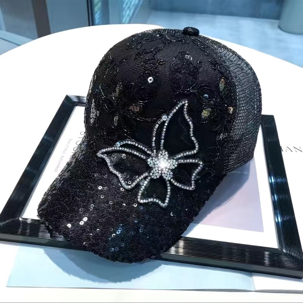 Rhinestone Lace Butterfly Bling Cap